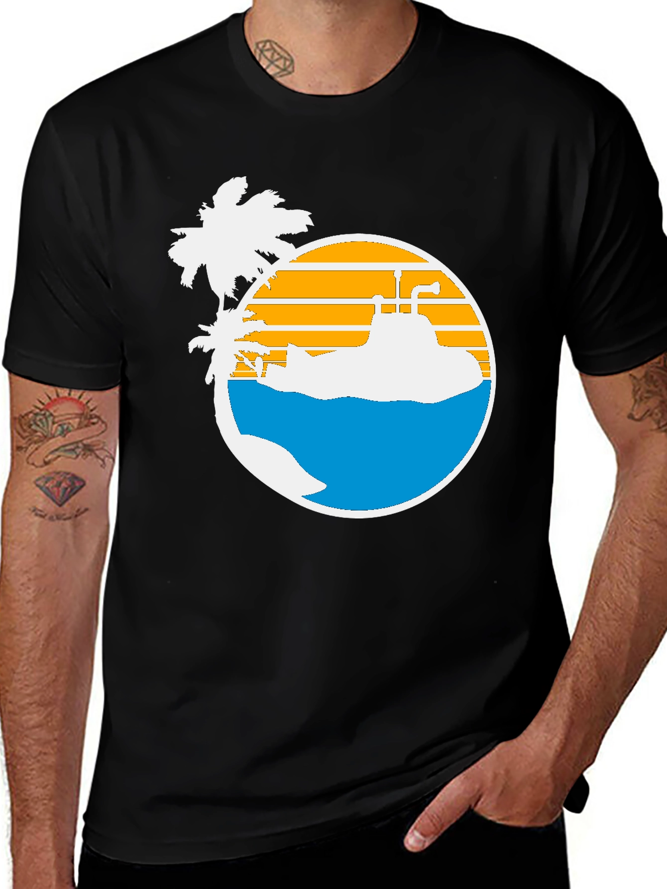 Retro Submarine & Palm Tree Graphic T-Shirt