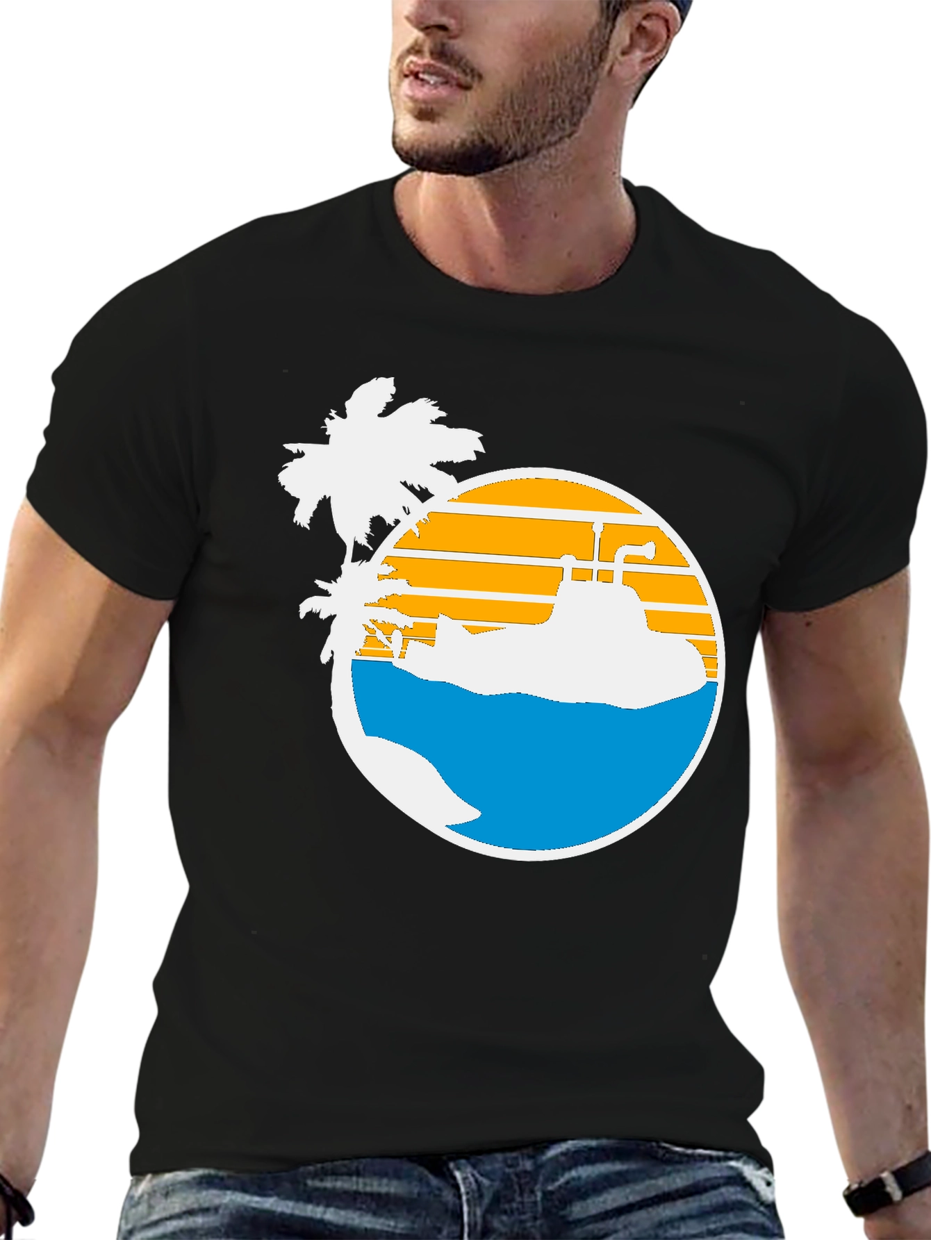 Retro Submarine & Palm Tree Graphic T-Shirt