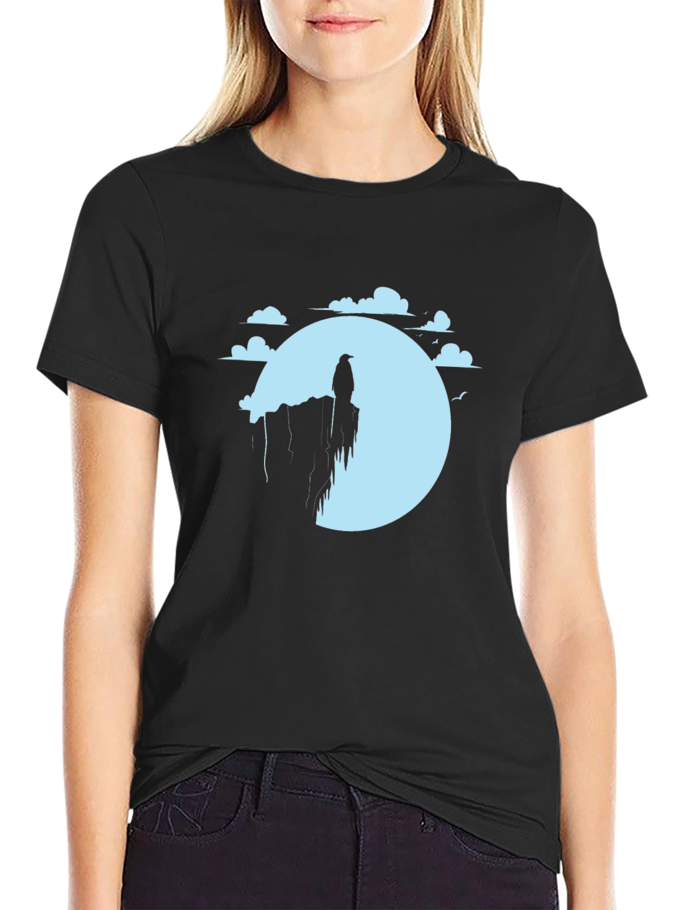 Raven on Cliff Graphic T-Shirt - Black