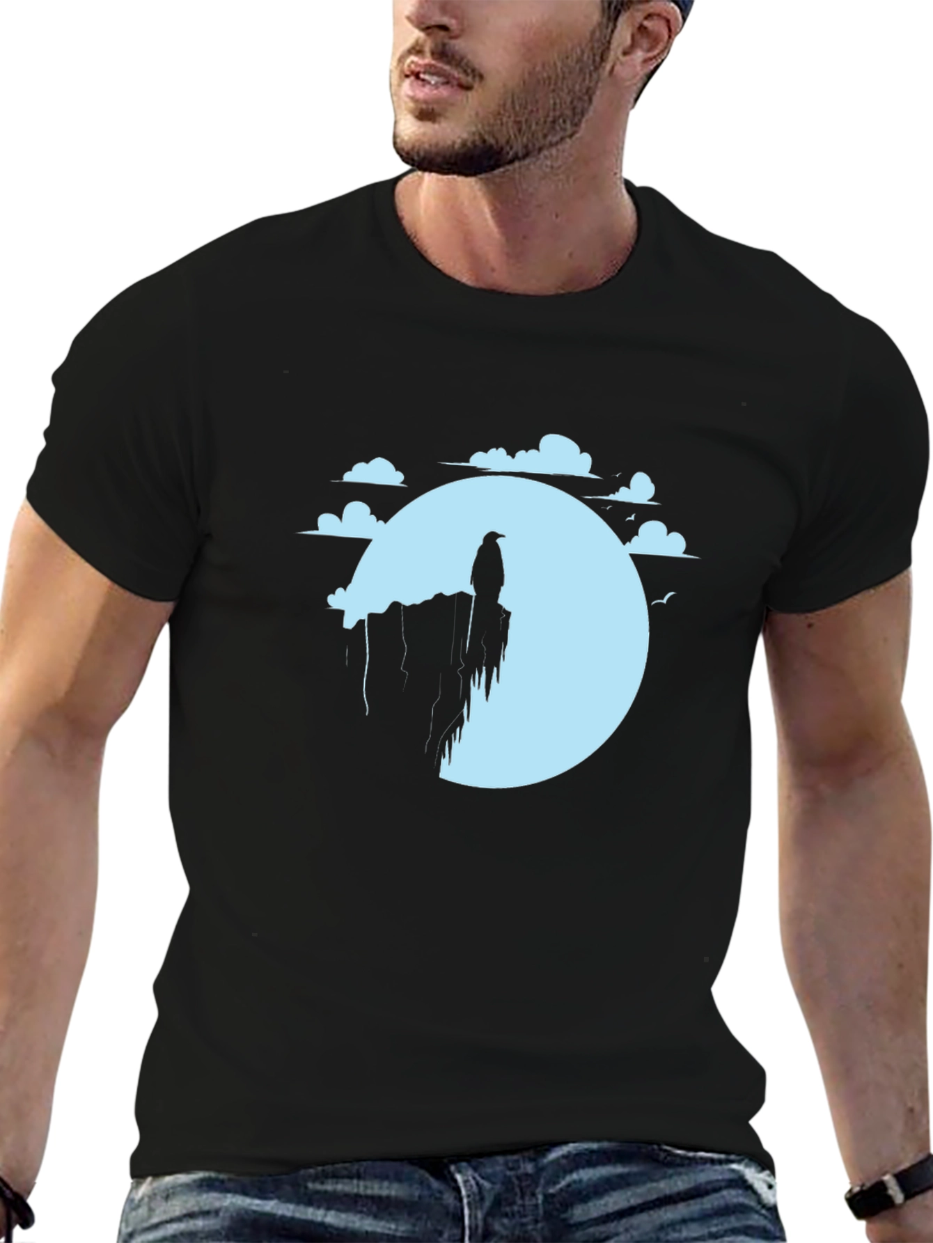Raven on Cliff Graphic T-Shirt - Black