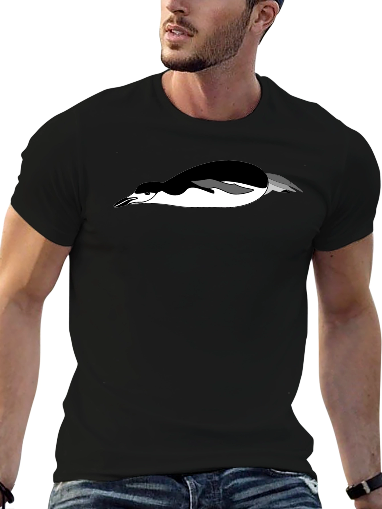 Mans Black T-Shirt with Penguin Graphic Tee