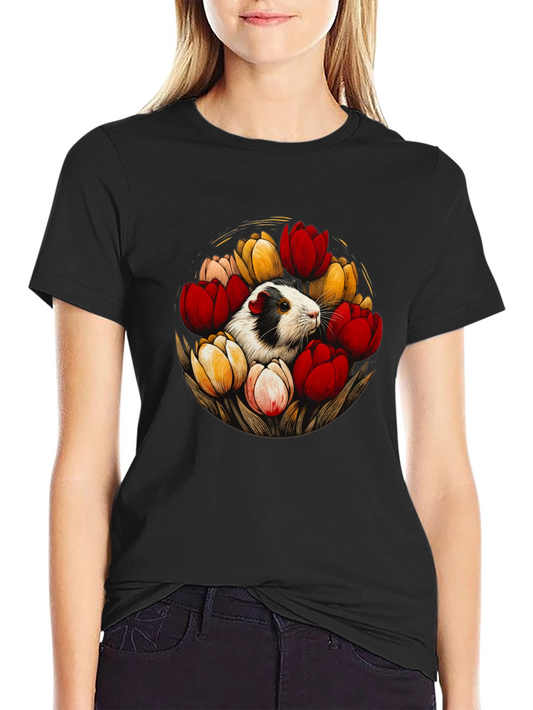 Guinea Pig in Tulips Graphic Tee - Black Cotton Blend