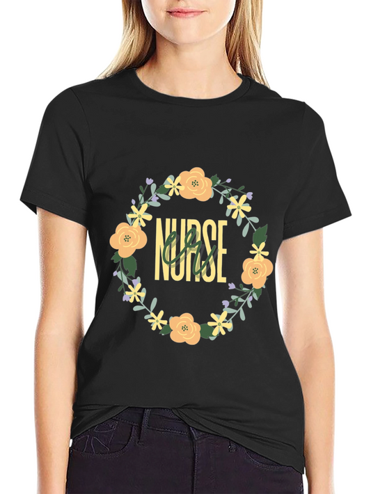 Nurse Floral Wreath Tee - Comfortable Black T-Shirt