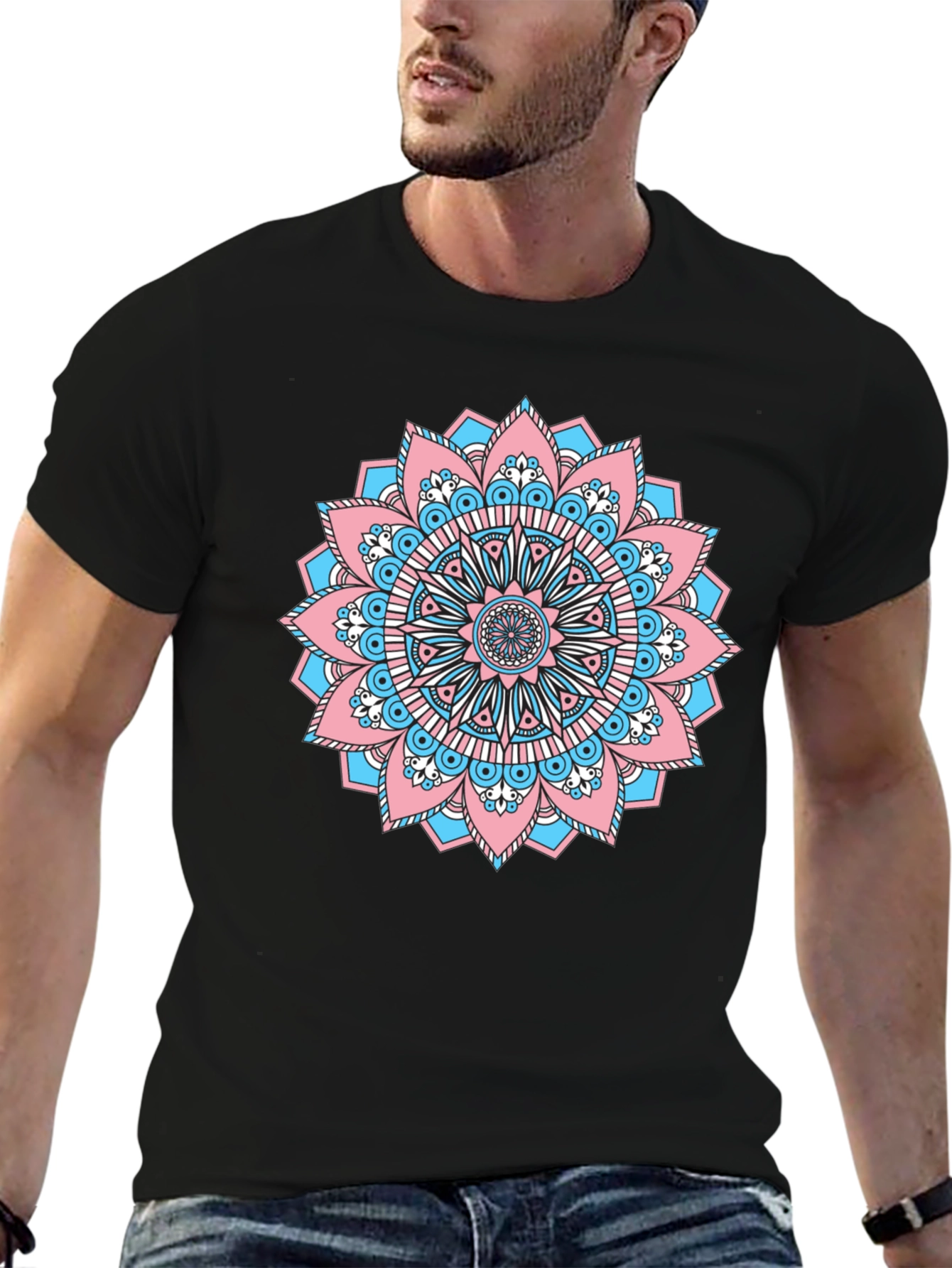 Black T-Shirt with Transgender Pride Mandala Design