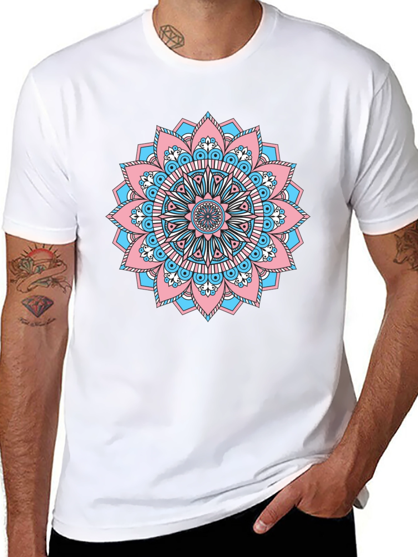 Black T-Shirt with Transgender Pride Mandala Design