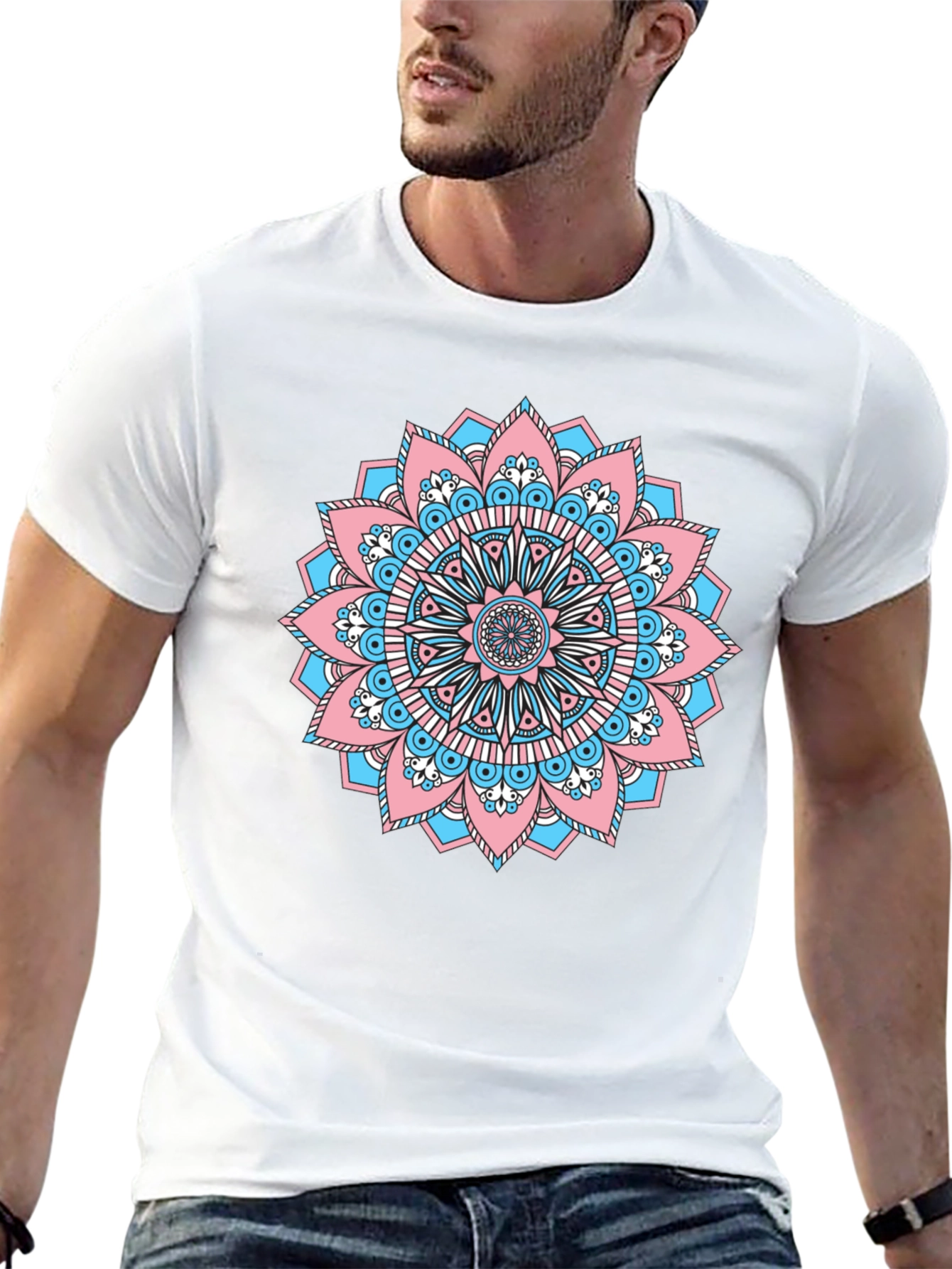 Black T-Shirt with Transgender Pride Mandala Design