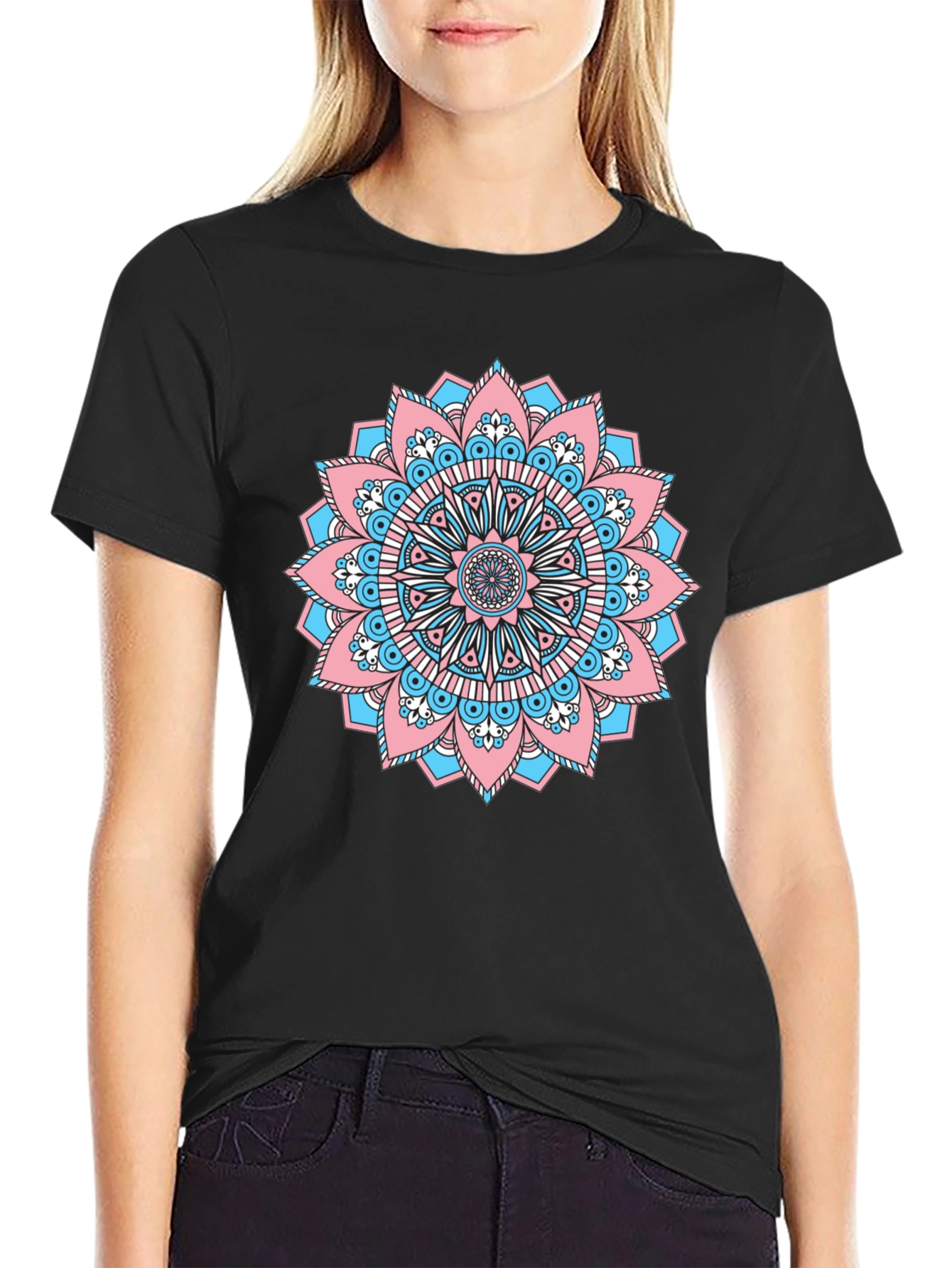 Black T-Shirt with Transgender Pride Mandala Design