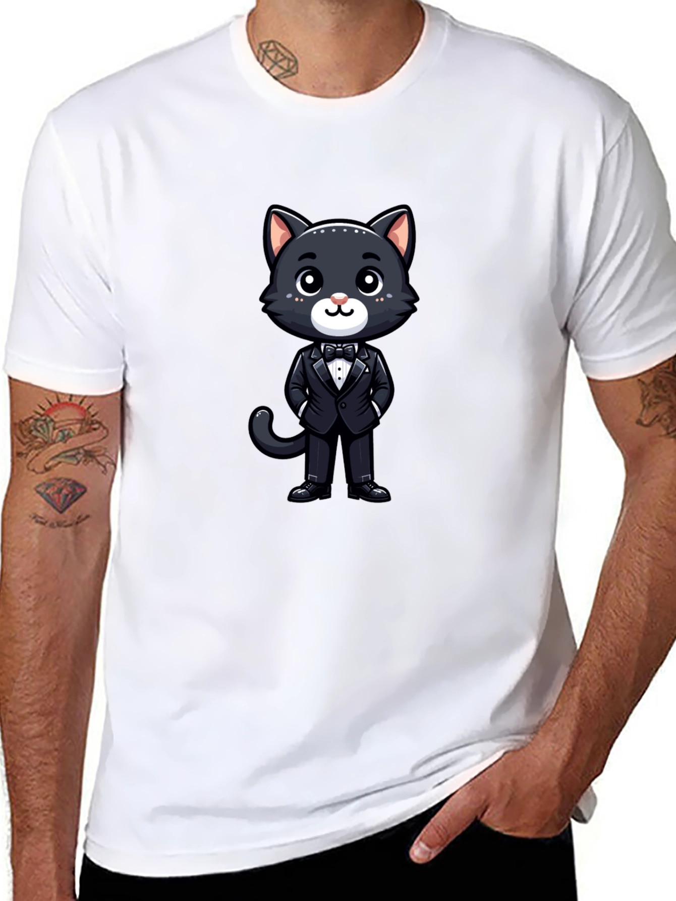 Cat in Tuxedo Graphic Tee - Black Cotton T-Shirt