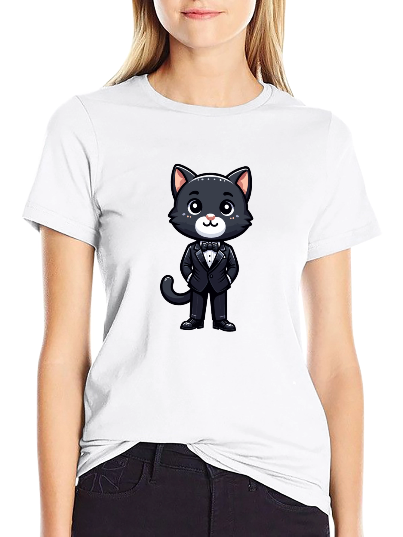 Cat in Tuxedo Graphic Tee - Black Cotton T-Shirt