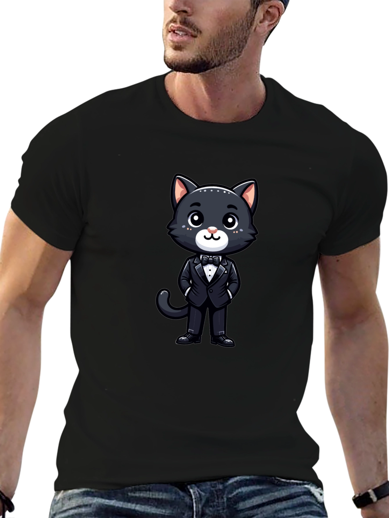 Cat in Tuxedo Graphic Tee - Black Cotton T-Shirt
