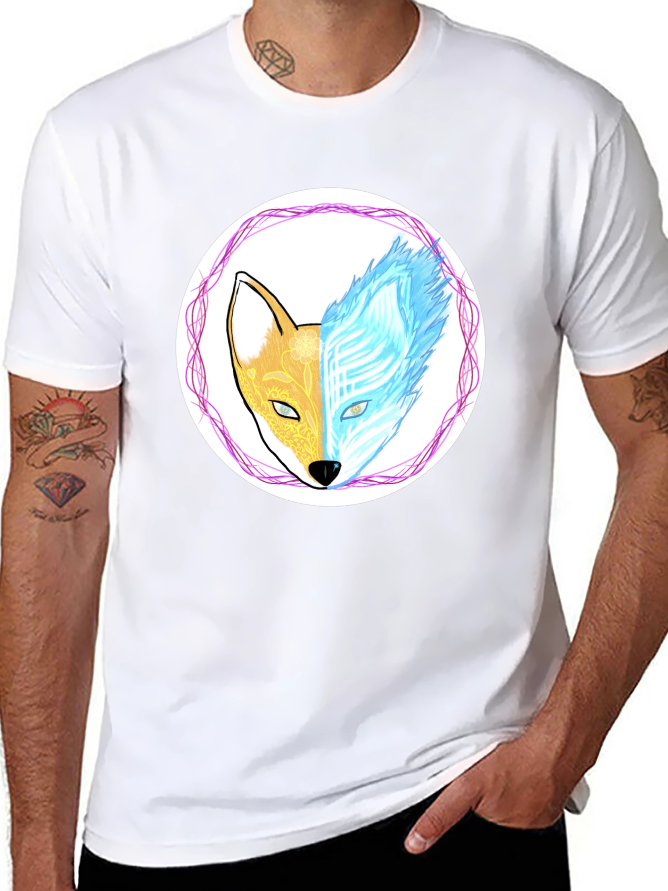 Dual Nature Fox Graphic Tee - Black Cotton Blend