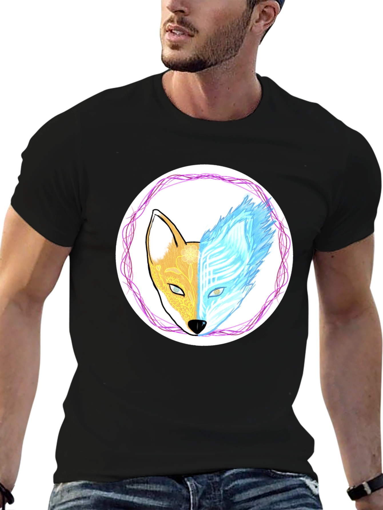 Dual Nature Fox Graphic Tee - Black Cotton Blend