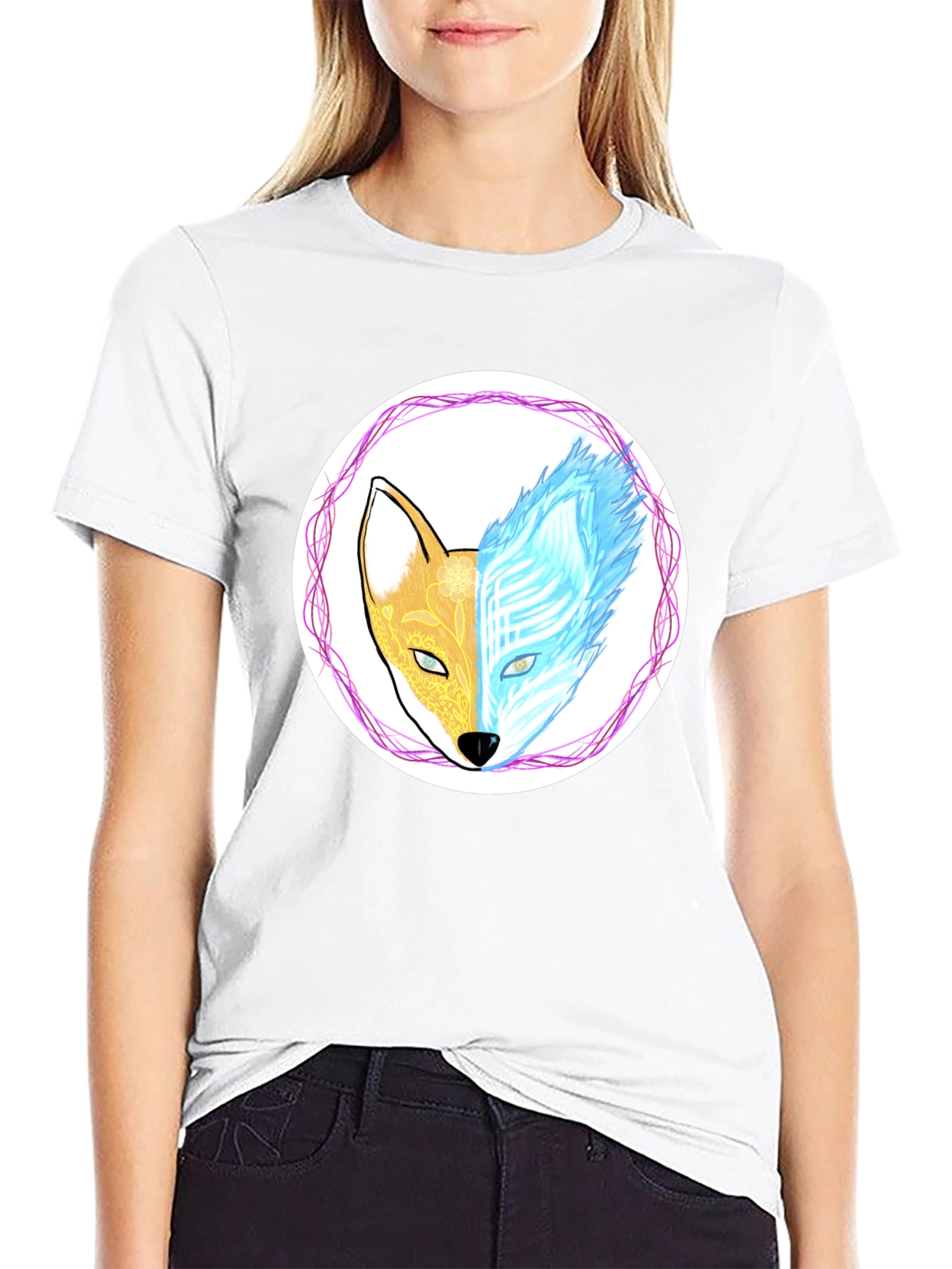 Dual Nature Fox Graphic Tee - Black Cotton Blend
