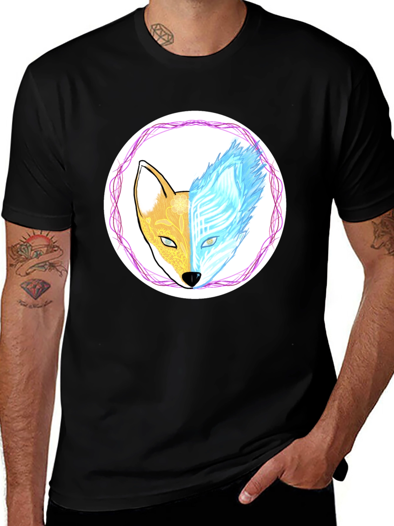 Dual Nature Fox Graphic Tee - Black Cotton Blend