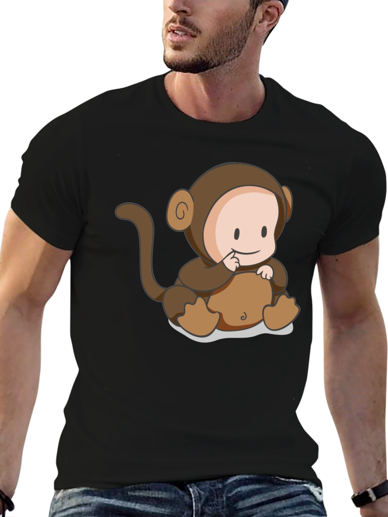 Cute Monkey Cartoon Black T-Shirt