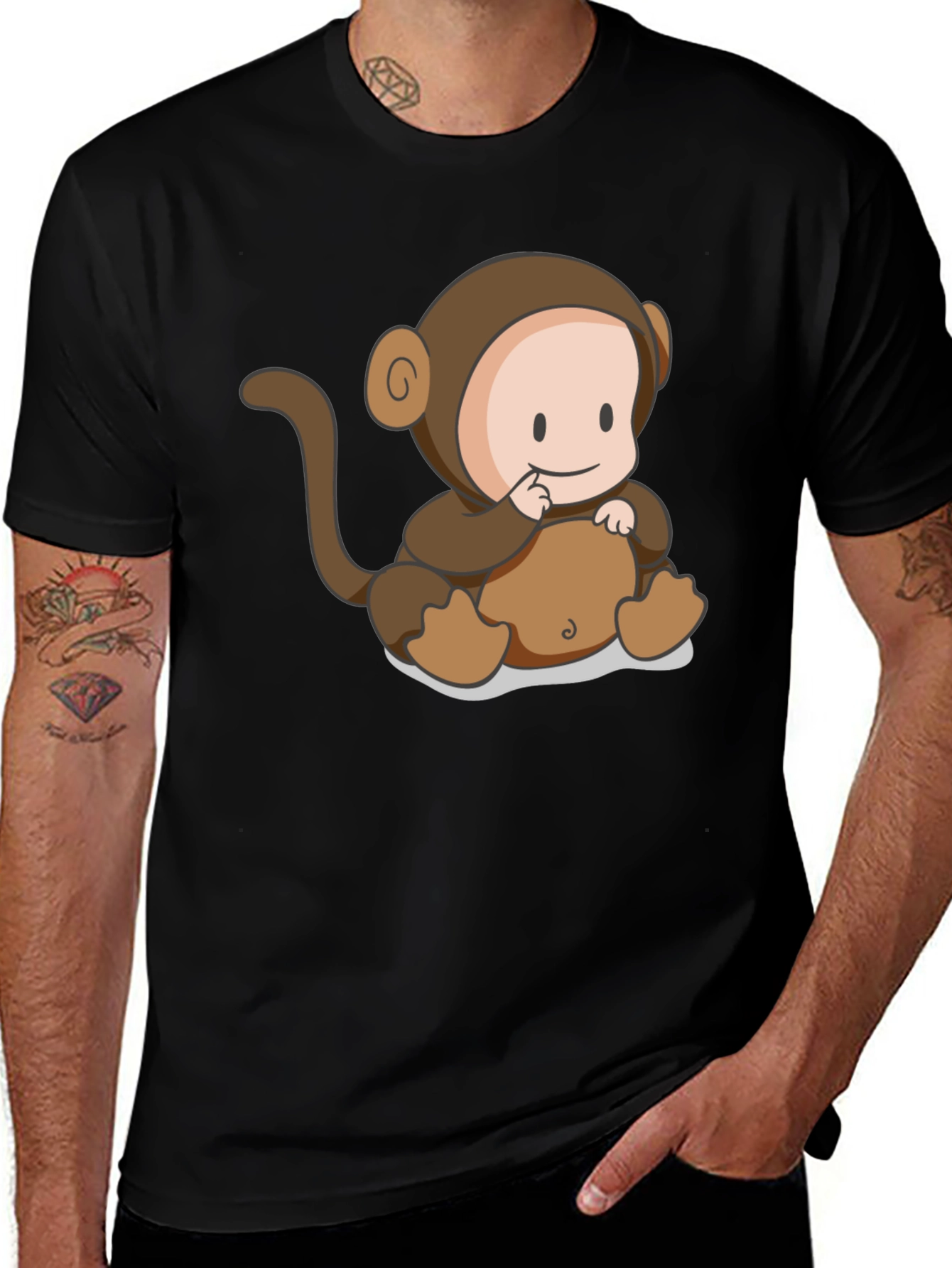 Cute Monkey Cartoon Black T-Shirt