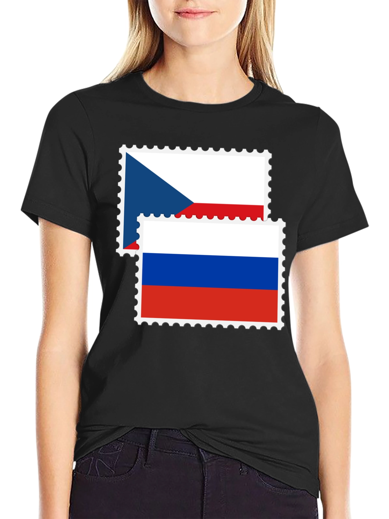 Czech Russia Flag Stamp Black Graphic Tee