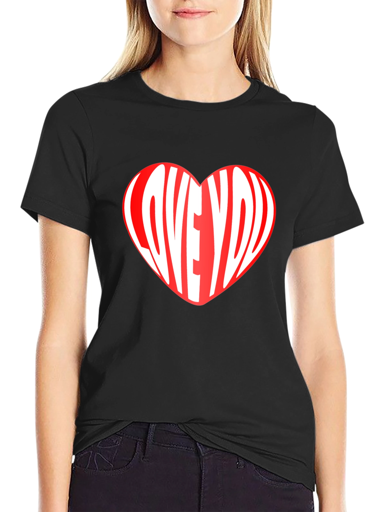 Love You Heart Graphic Print Crew Neck T-Shirt