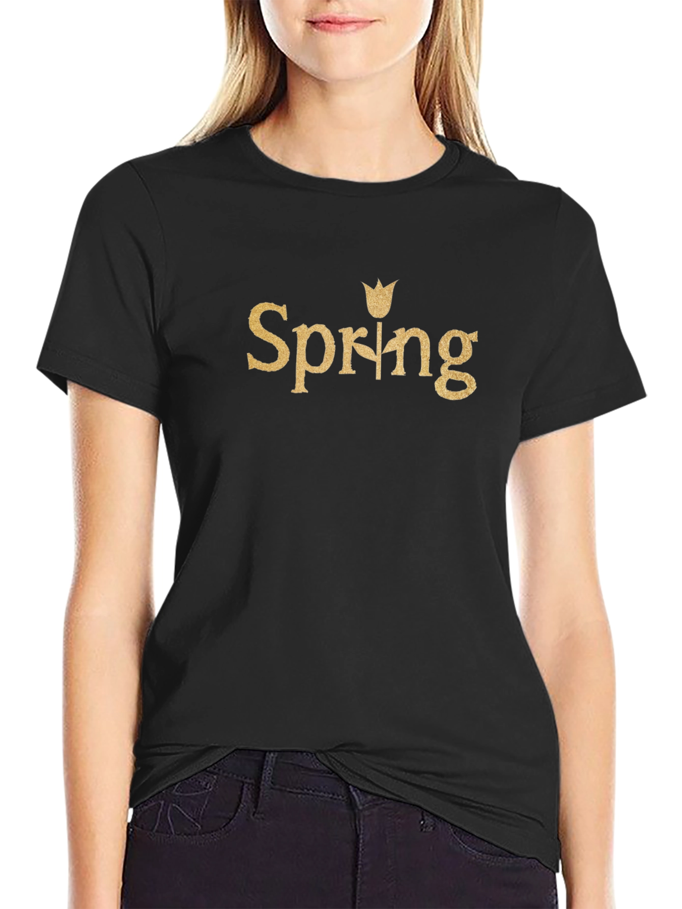 Spring Tulip Graphic Tee - Black Cotton Casual T-Shirt