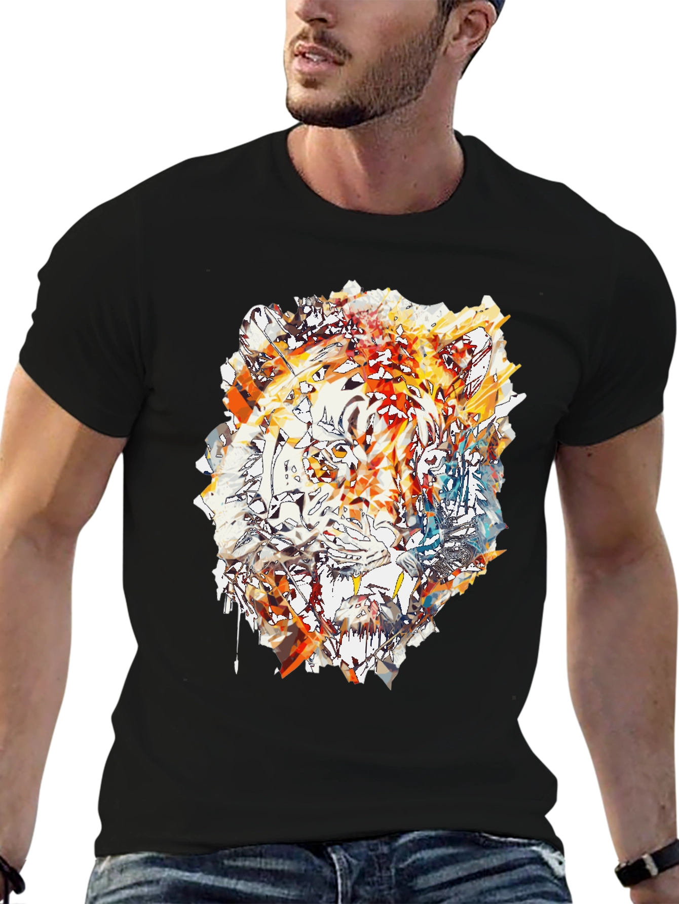 Abstract Tiger Print Mens Black T-Shirt