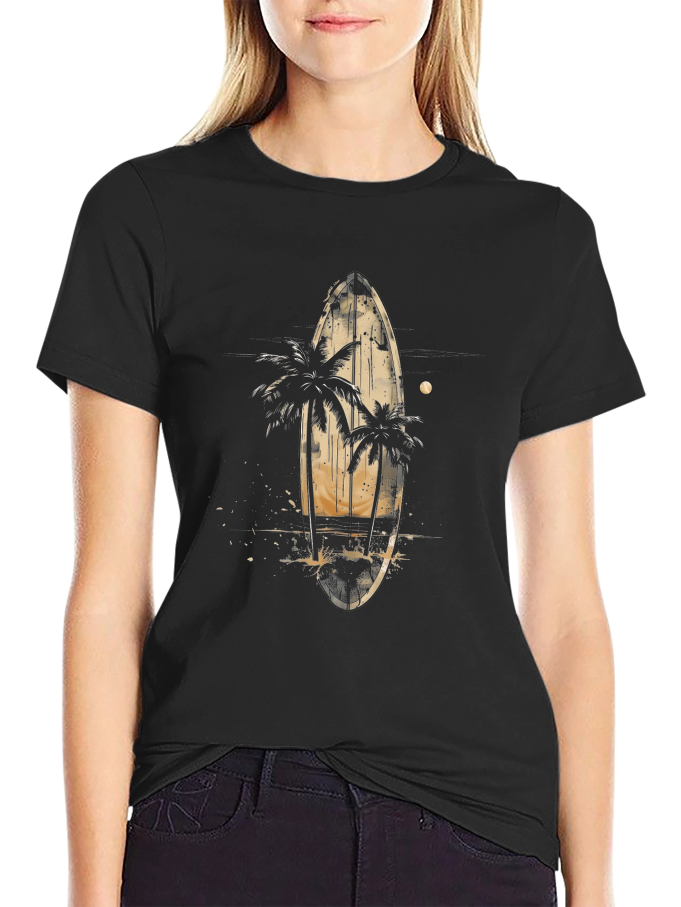 Surfboard & Palm Tree Graphic Tee - Tropical Vibes