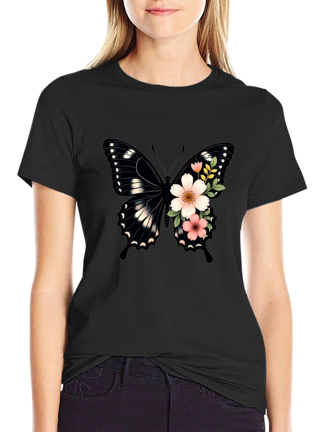 Butterfly Floral Graphic Tee - Black
