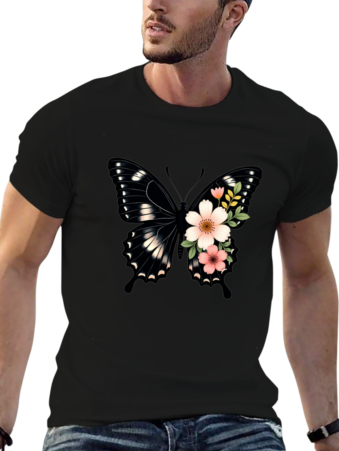 Butterfly Floral Graphic Tee - Black