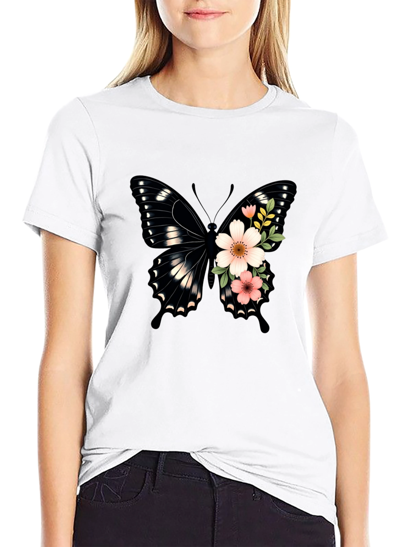 Butterfly Floral Graphic Tee - Black