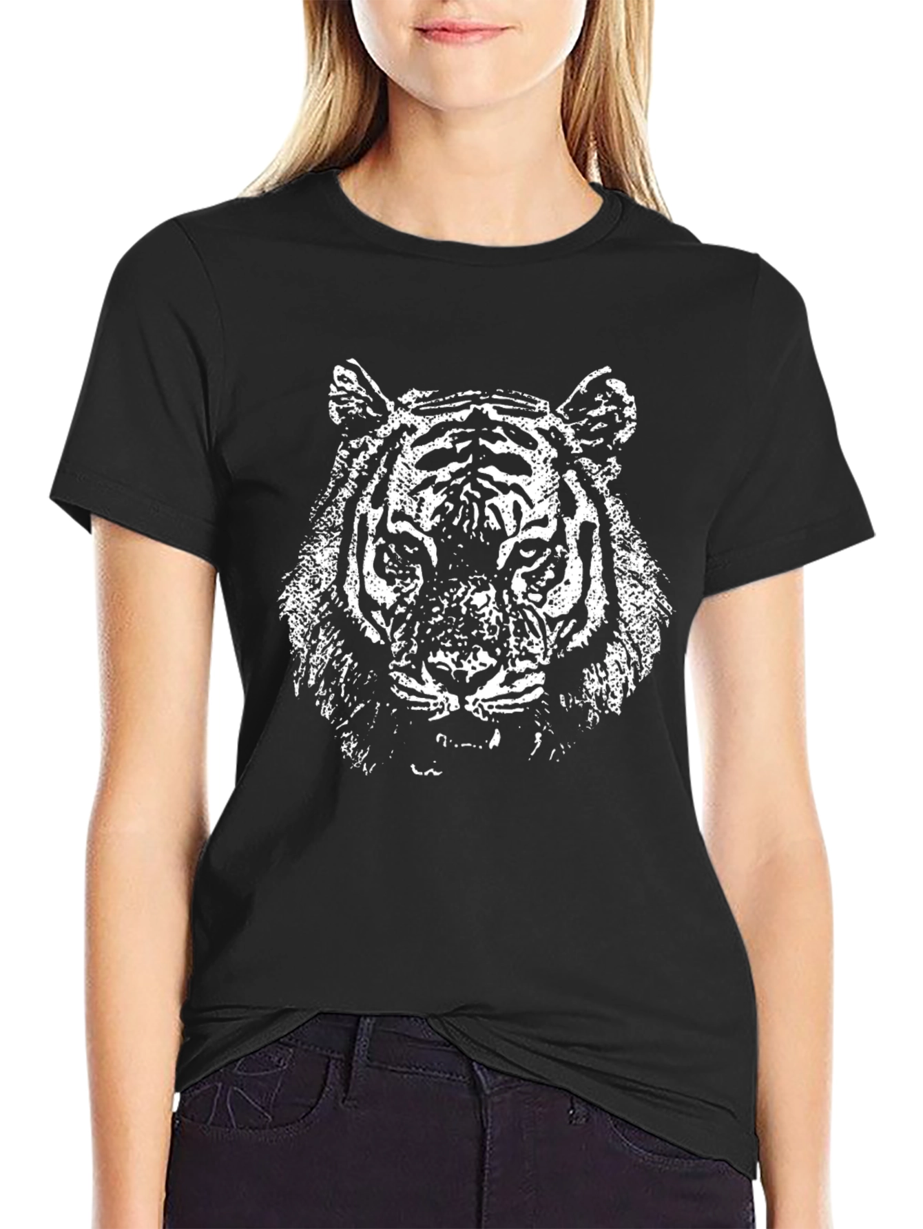 Black T-Shirt with White Tiger Graphic