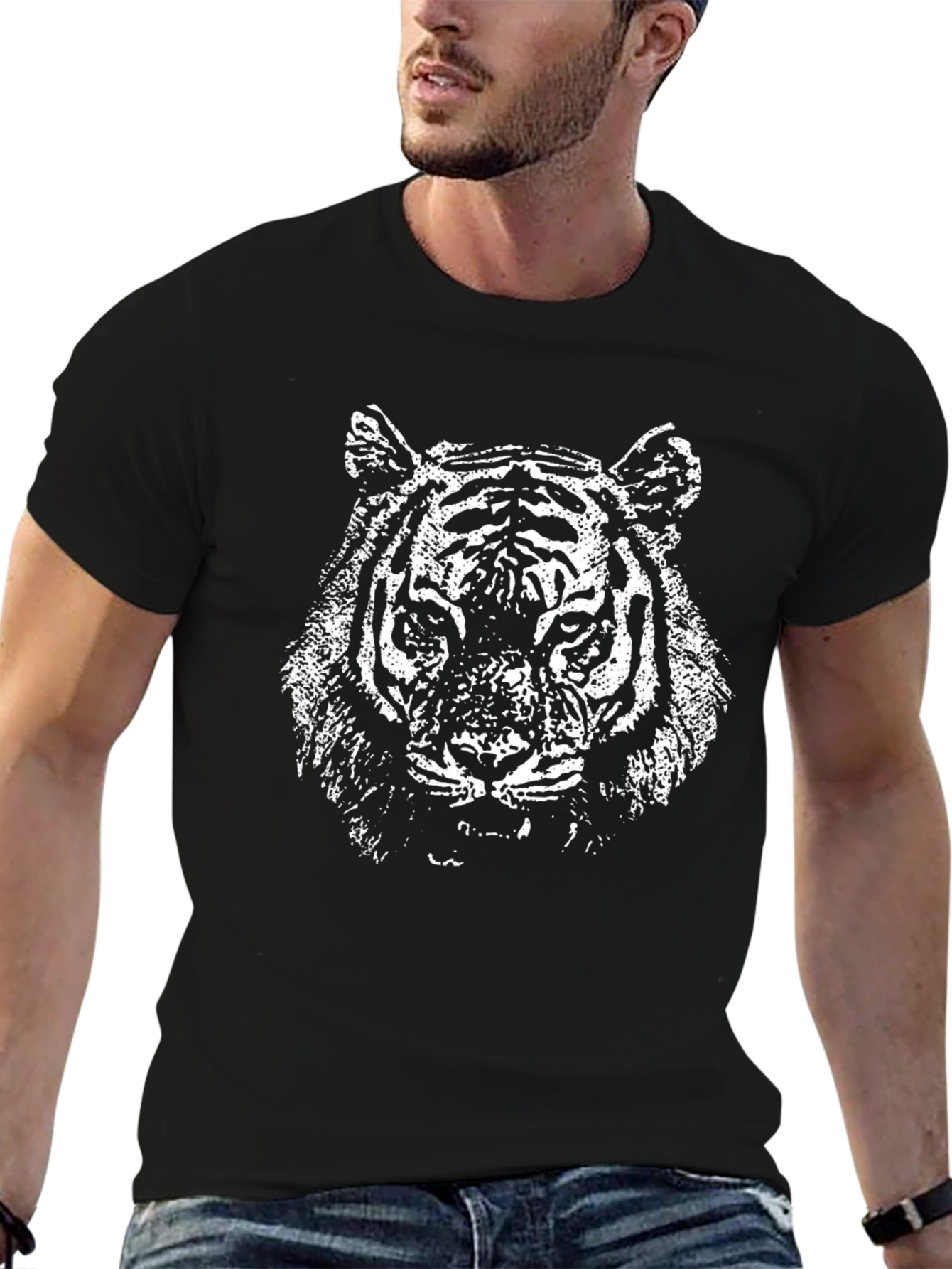 Black T-Shirt with White Tiger Graphic