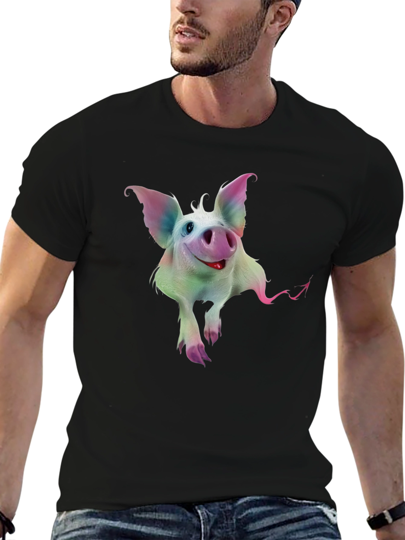 Whimsical Pig Graphic Tee - Quirky Black T-Shirt
