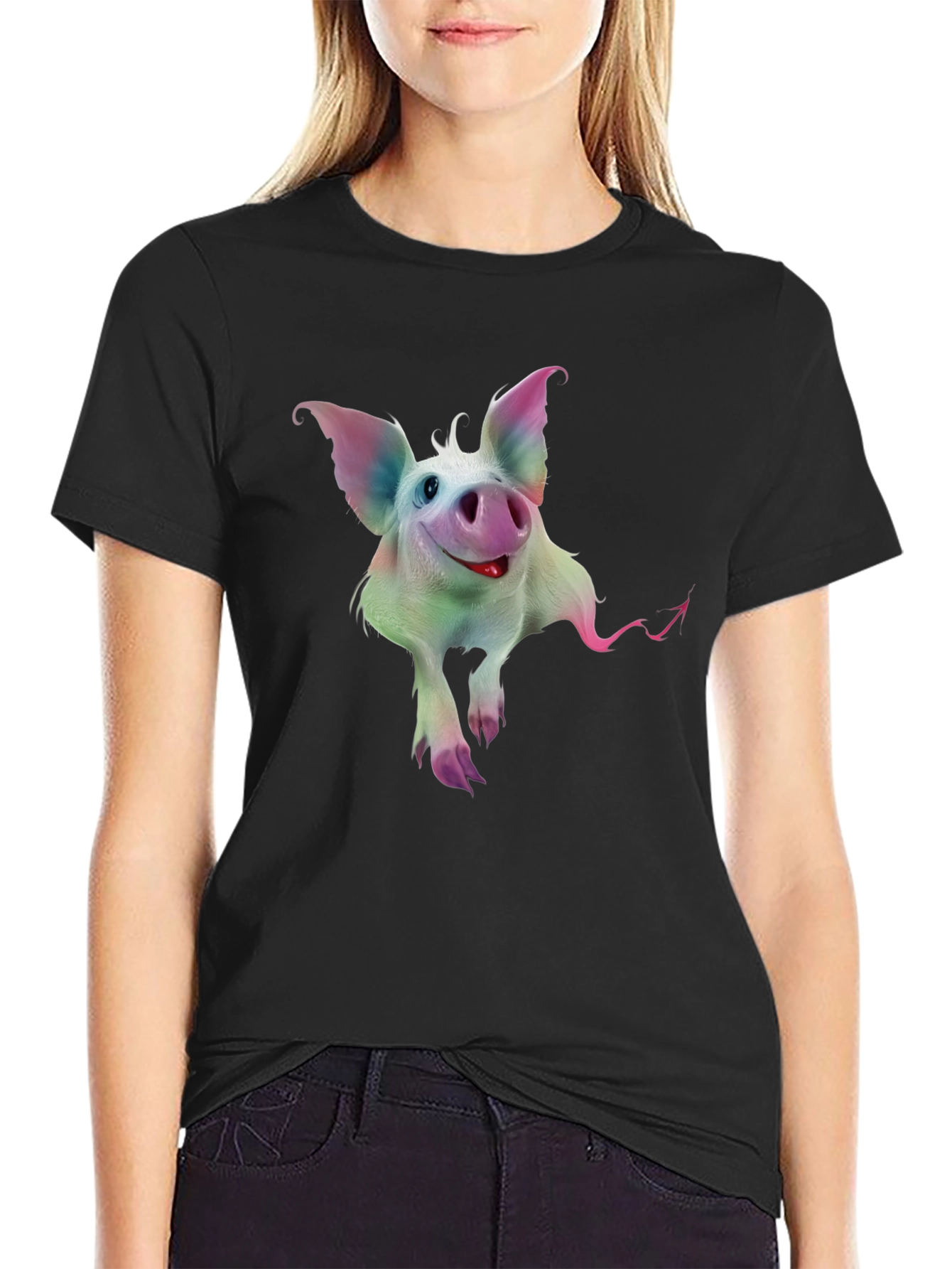 Whimsical Pig Graphic Tee - Quirky Black T-Shirt