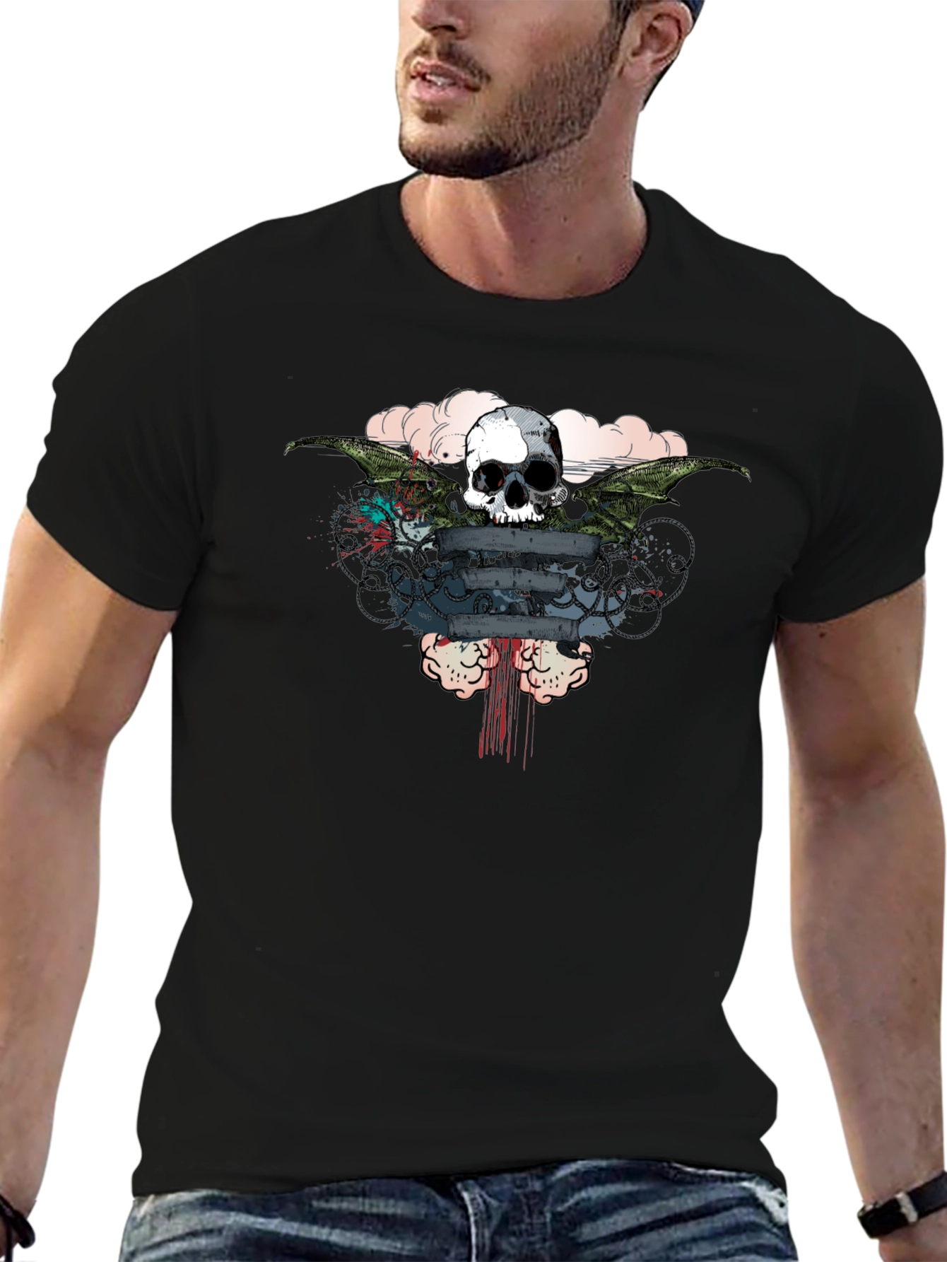 Skull Wings Graphic Print Mens T-Shirt