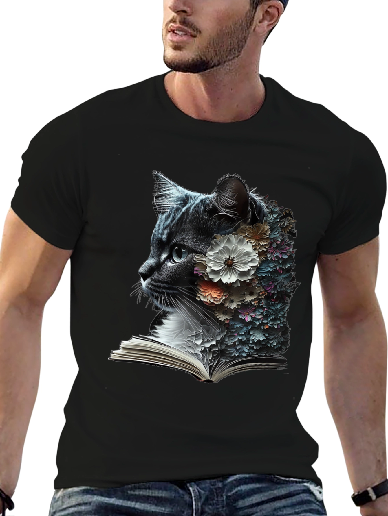 Floral Cat Reader Graphic T-Shirt