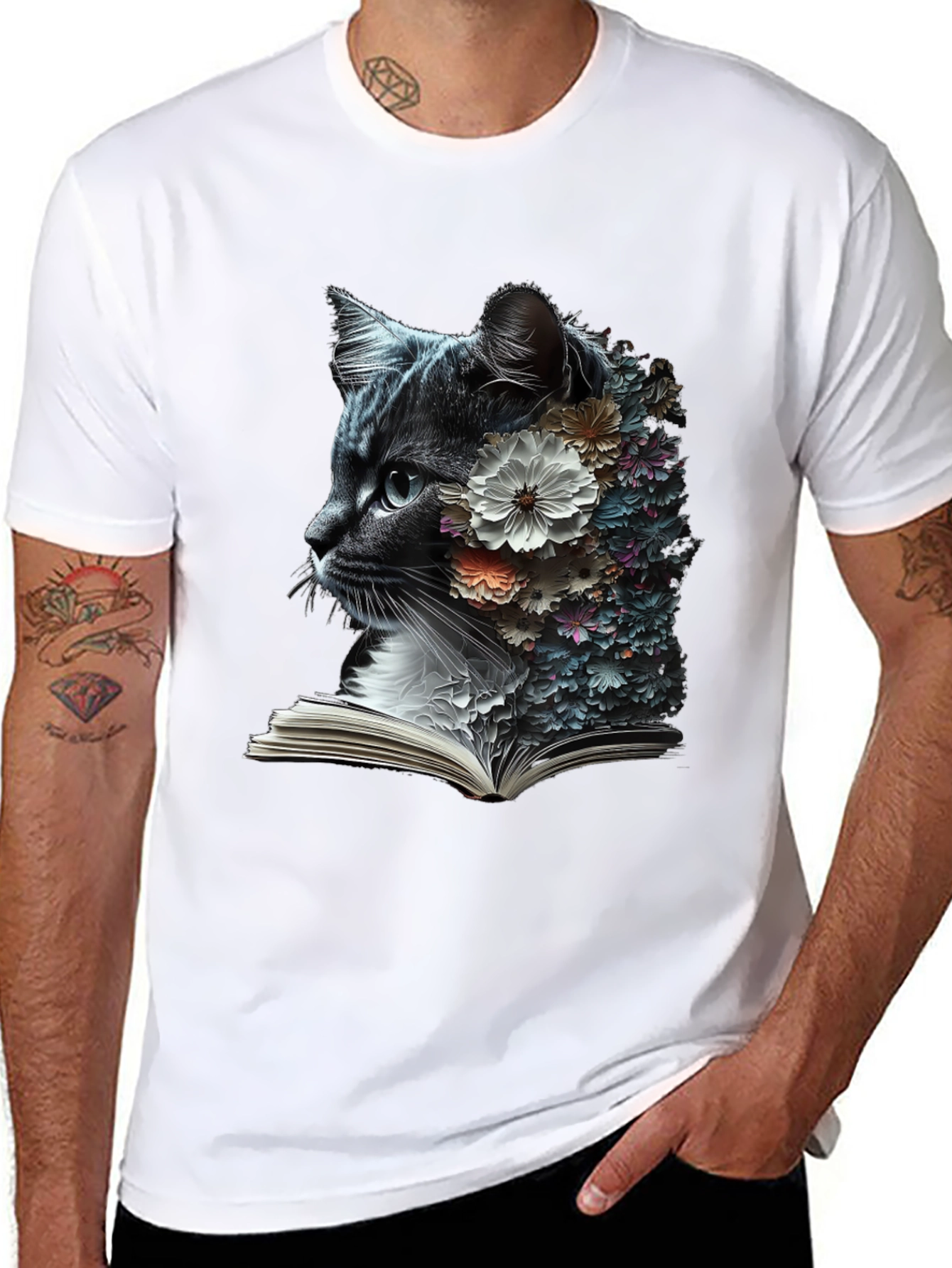 Floral Cat Reader Graphic T-Shirt