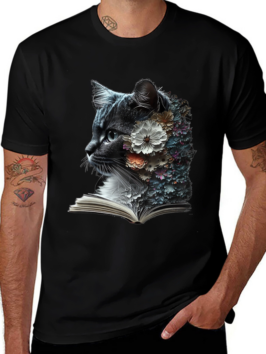 Floral Cat Reader Graphic T-Shirt