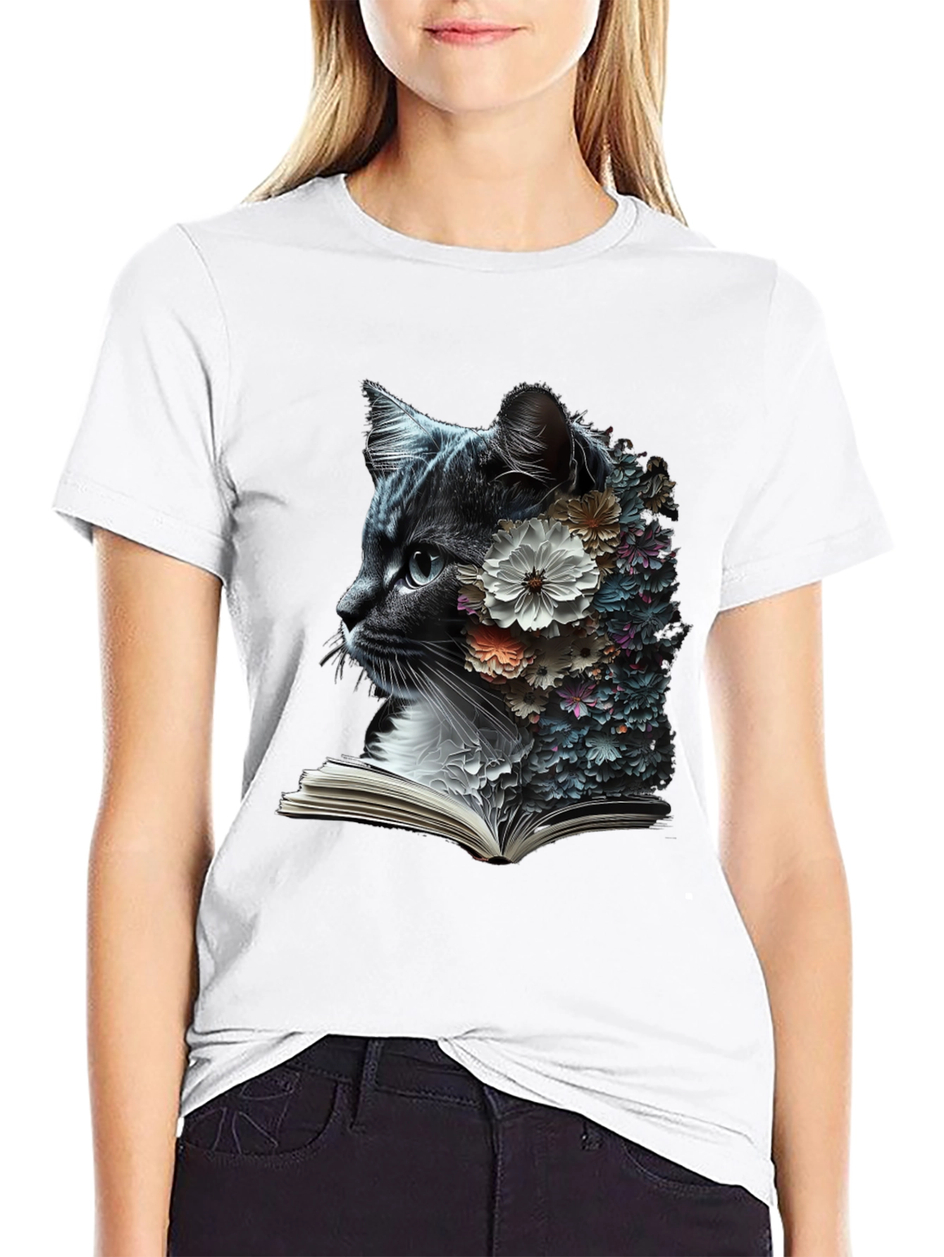 Floral Cat Reader Graphic T-Shirt