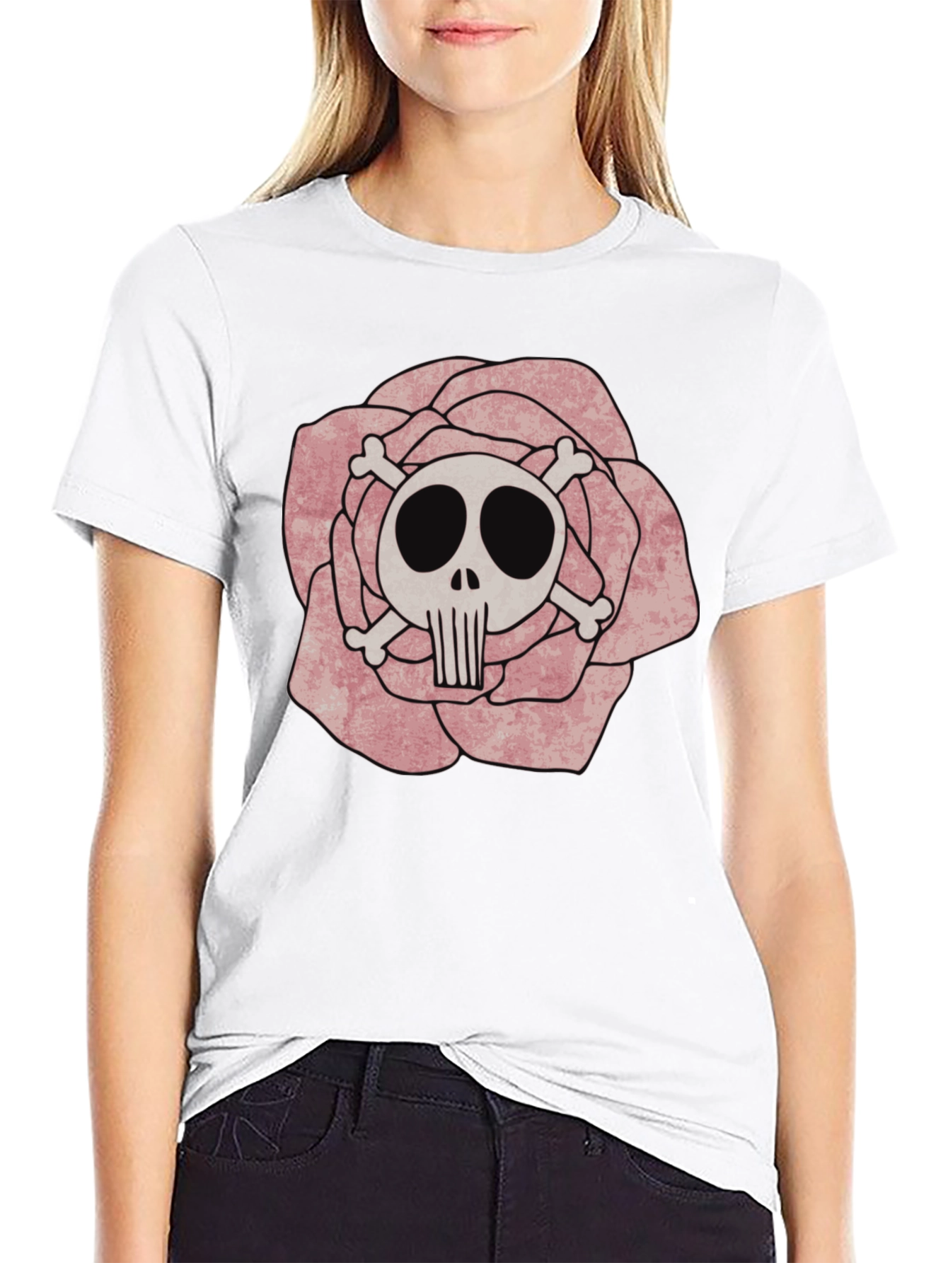 Rose Skull Graphic Tee - Black Cotton T-Shirt