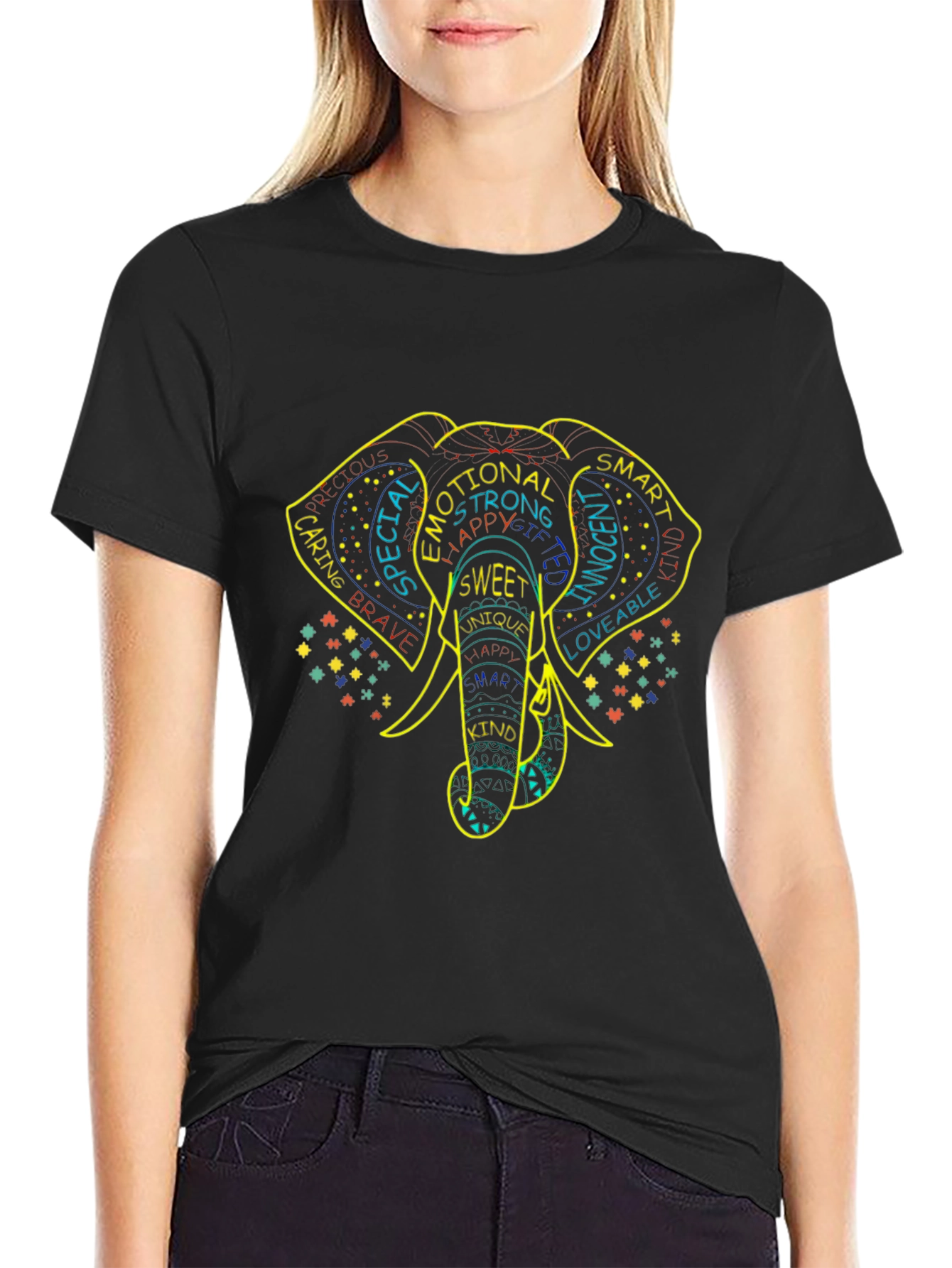 Elephant Word Art Graphic Tee - Black