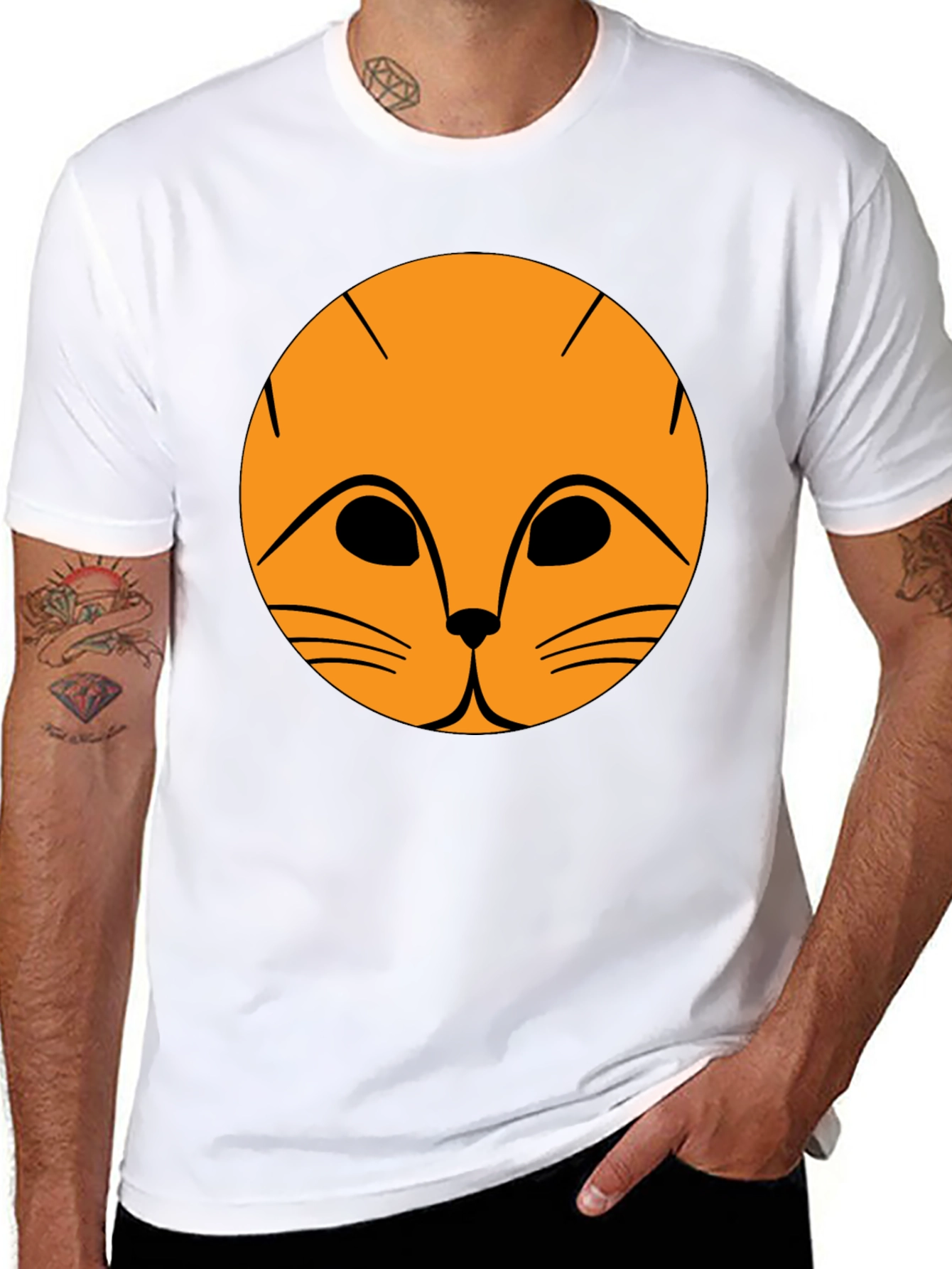 Black T-Shirt with Orange Cat Face Graphic