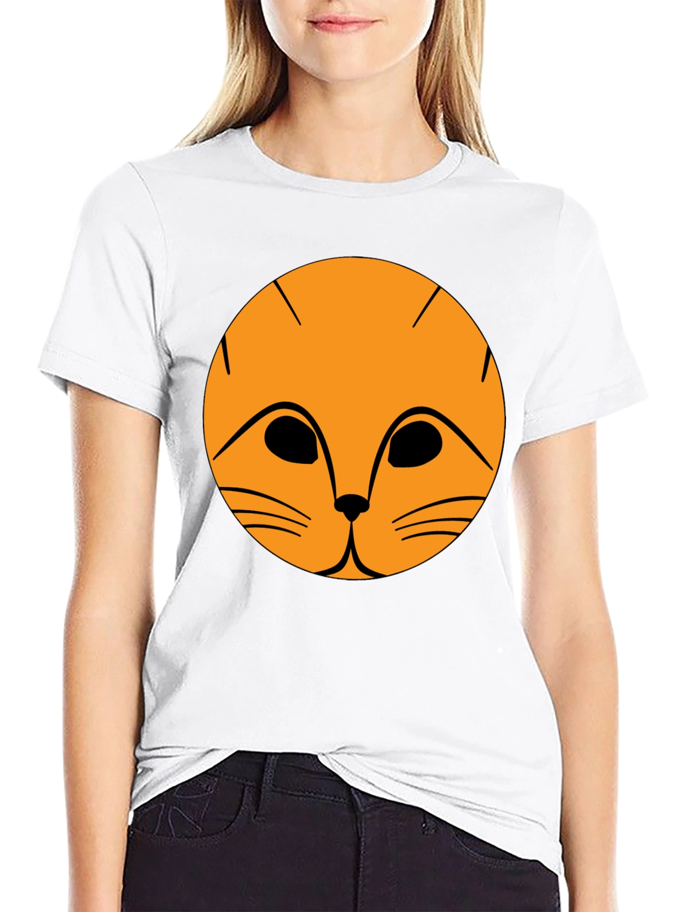 Black T-Shirt with Orange Cat Face Graphic