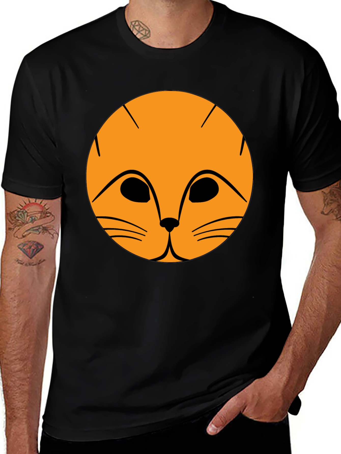 Black T-Shirt with Orange Cat Face Graphic