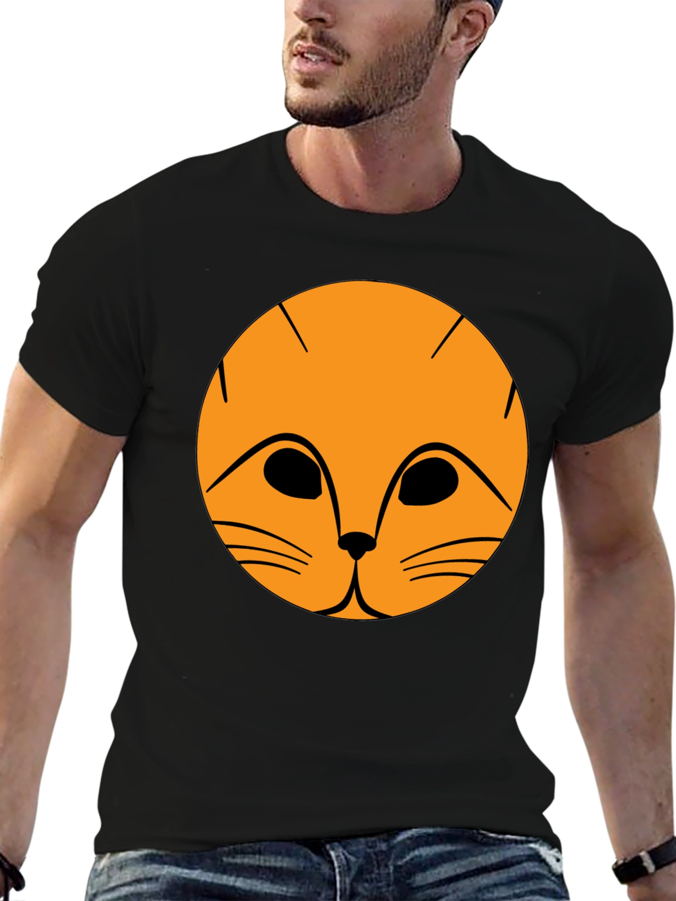 Black T-Shirt with Orange Cat Face Graphic