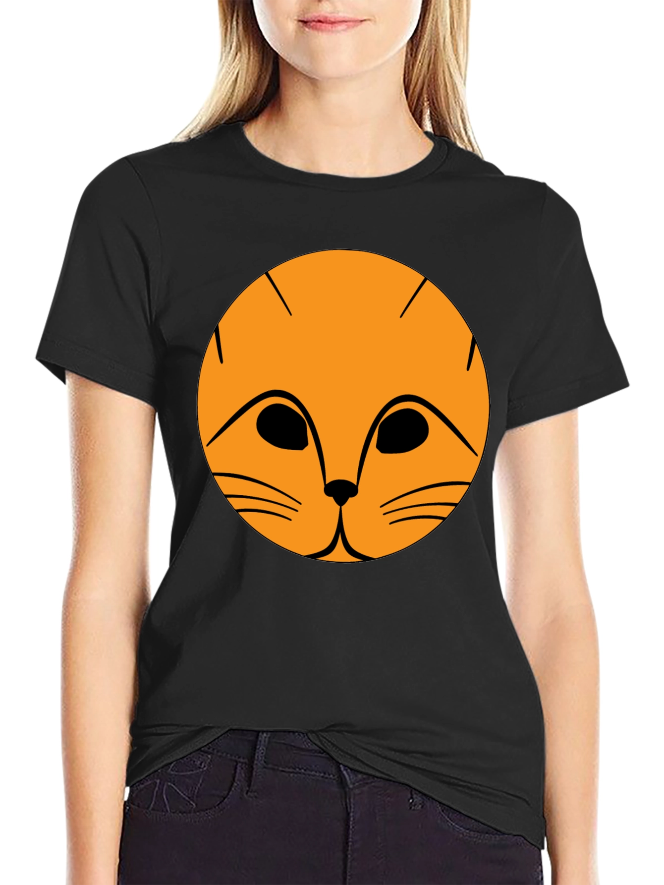 Black T-Shirt with Orange Cat Face Graphic
