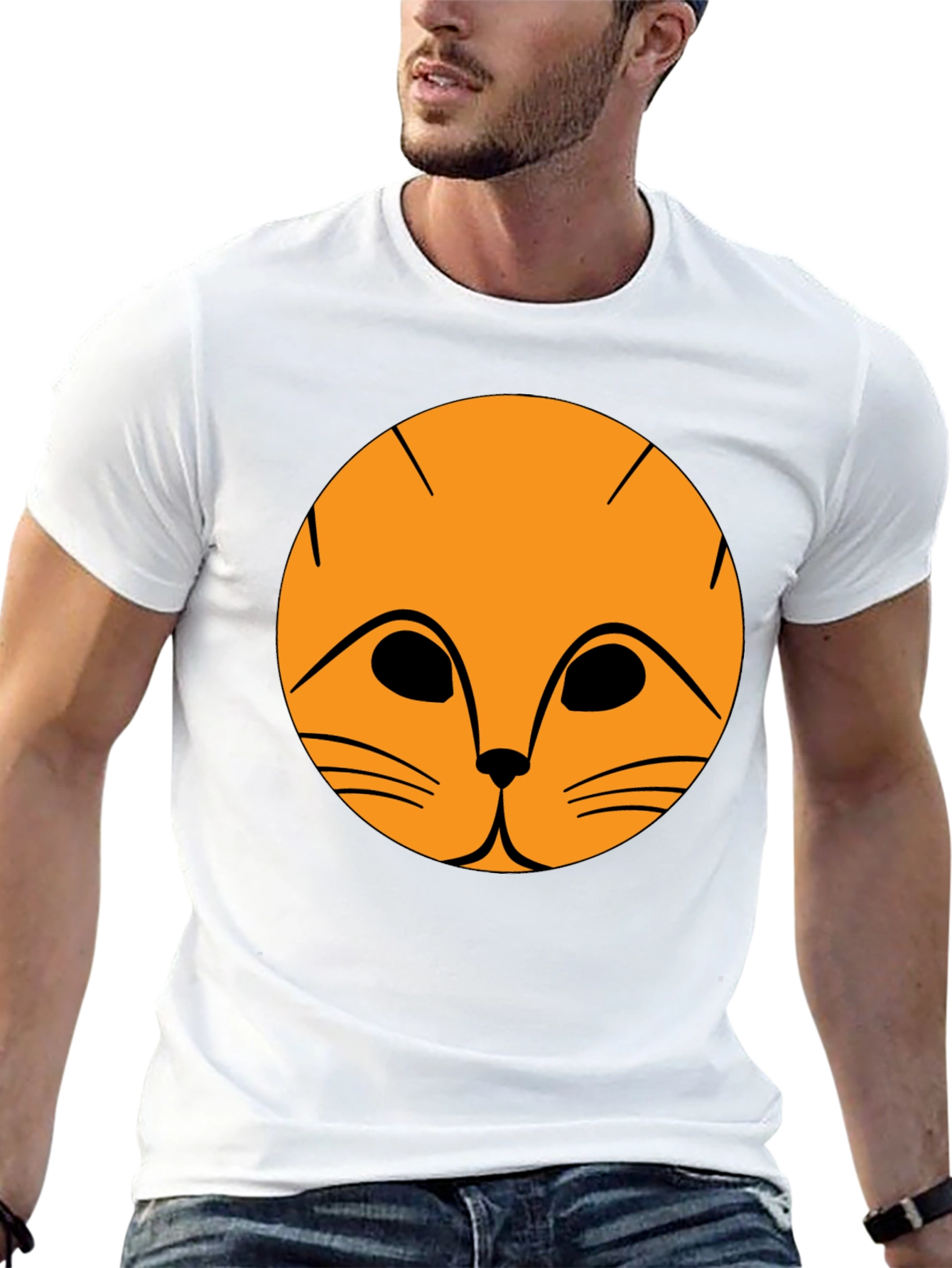Black T-Shirt with Orange Cat Face Graphic