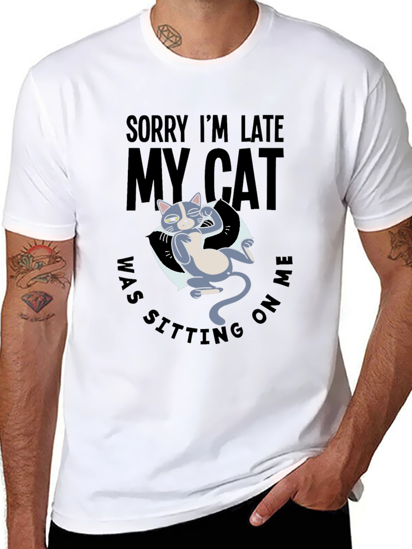 Funny Cat Graphic T-Shirt - Sorry Im Late