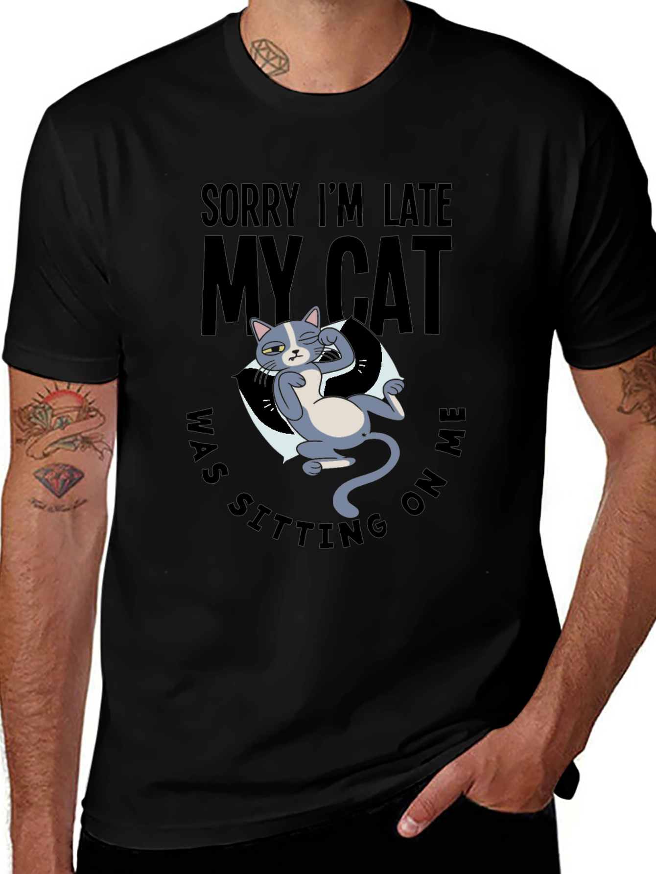Funny Cat Graphic T-Shirt - Sorry Im Late