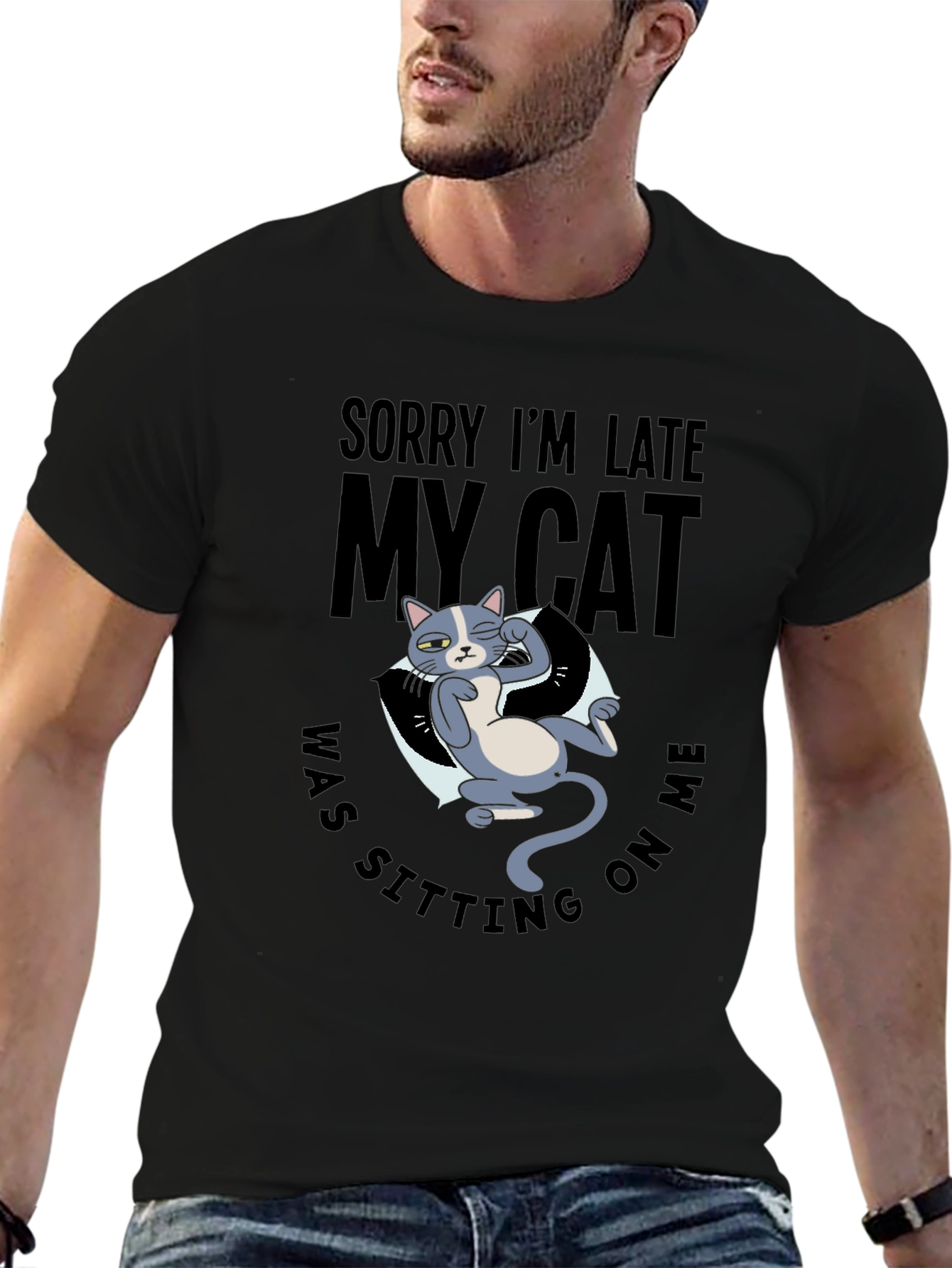 Funny Cat Graphic T-Shirt - Sorry Im Late