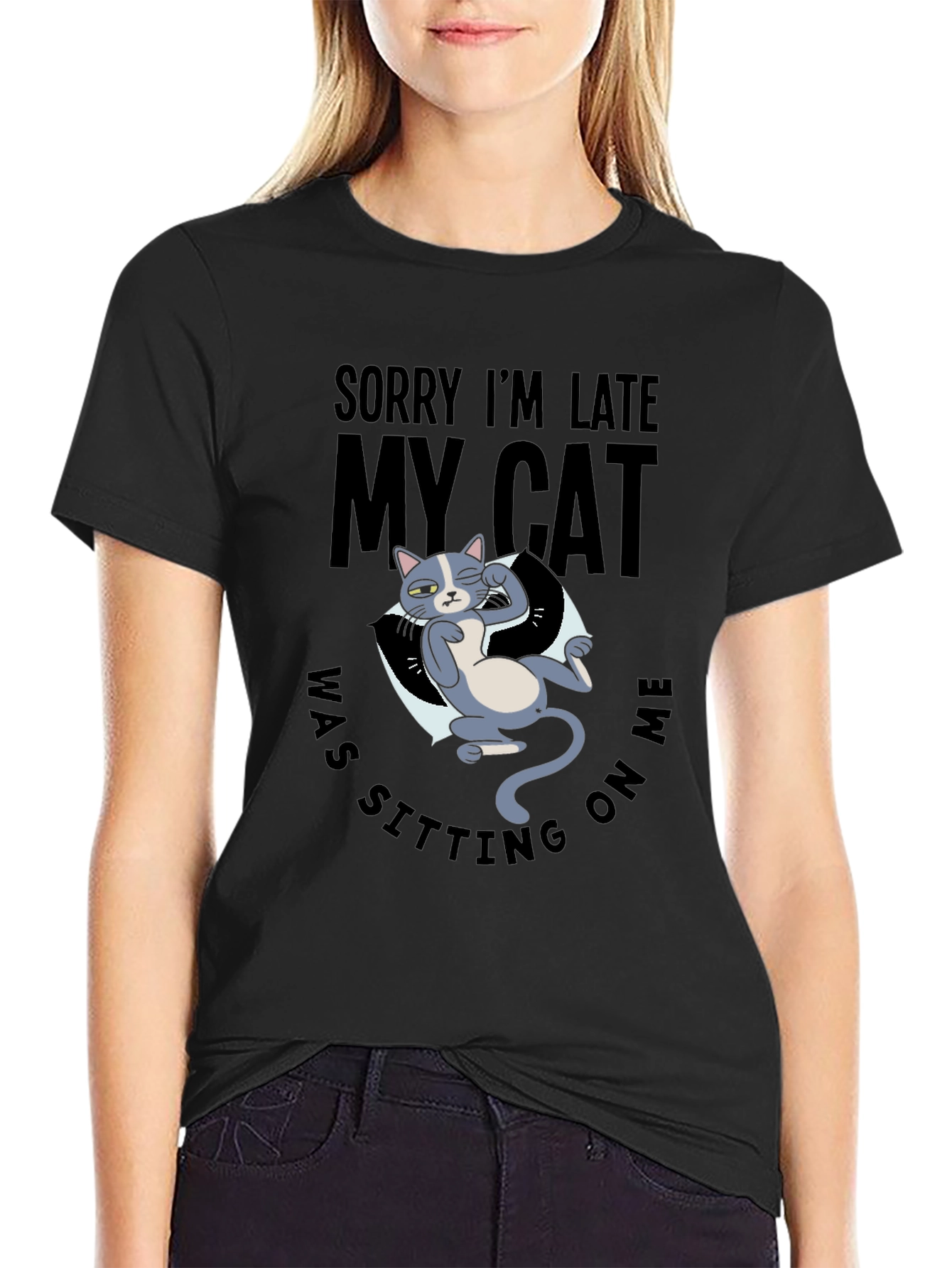 Funny Cat Graphic T-Shirt - Sorry Im Late