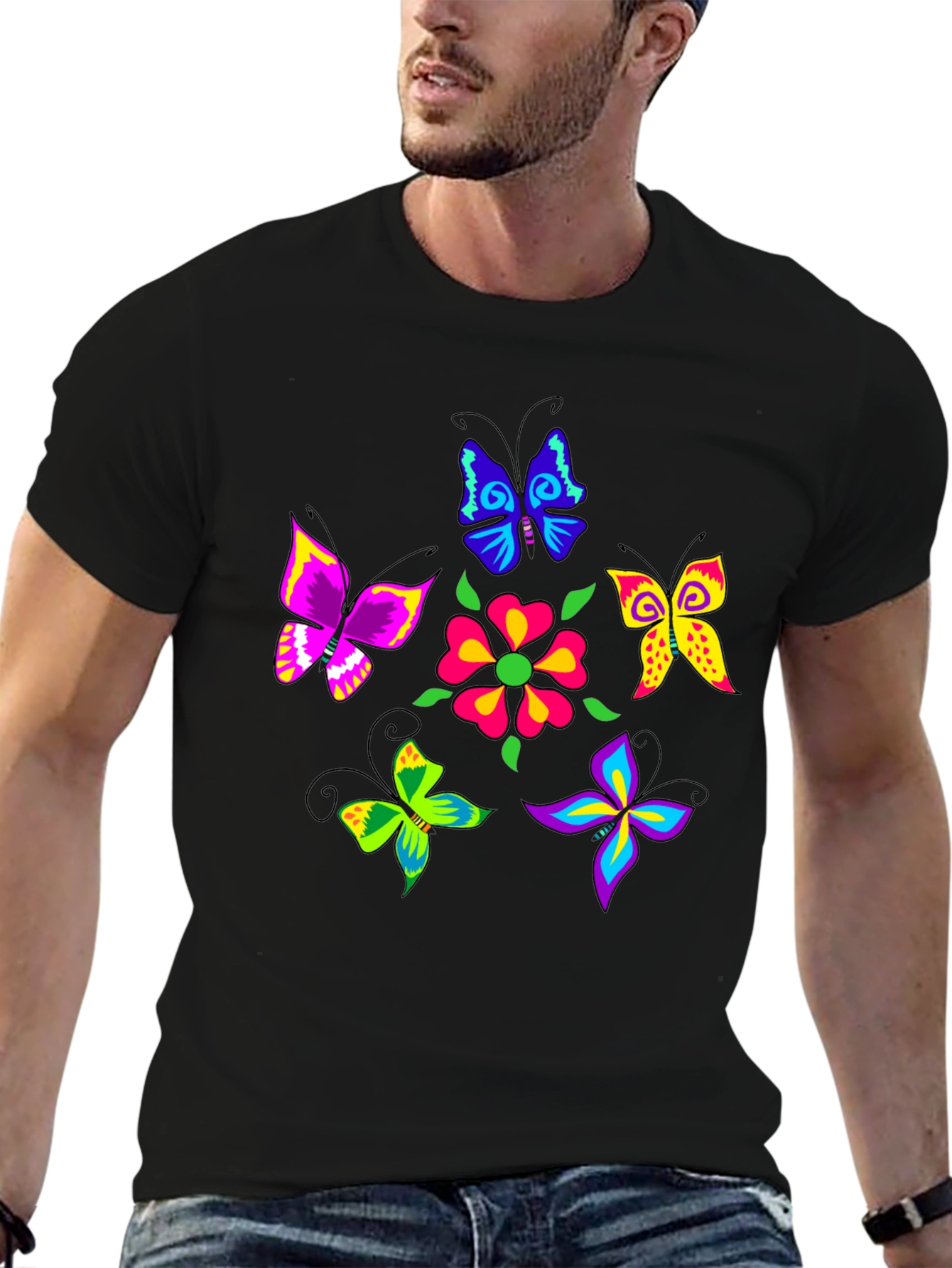 Vibrant Butterfly Graphic Black T-Shirt